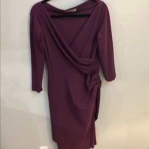 Purple Midi Sheath Dress with 3/4 Sleeves and Asymmetrical Neckline for Cocktail